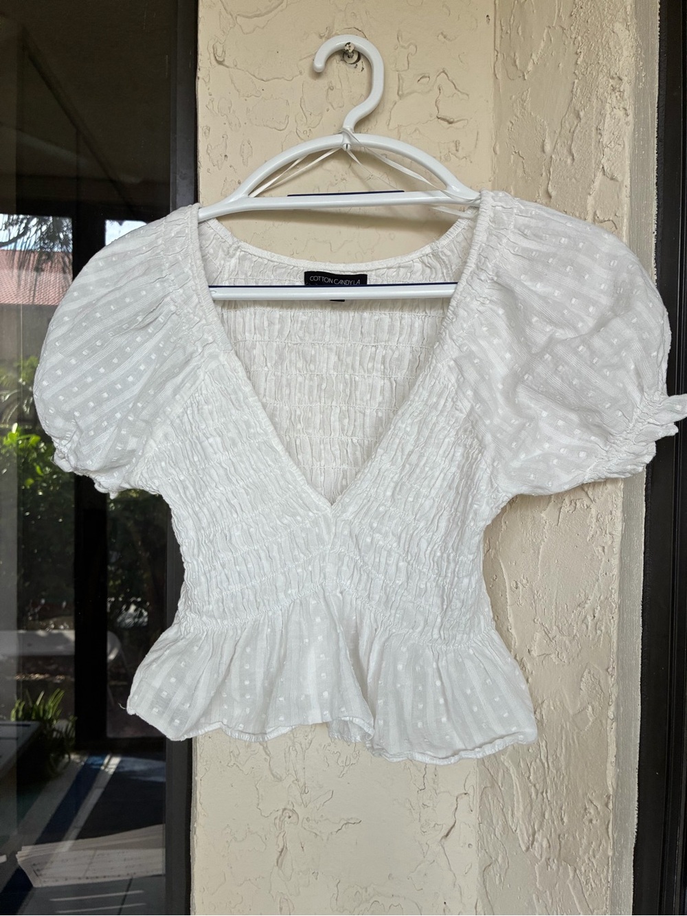 Cotton Candy LA White Swiss Dot Smocked Puff Sleeve Top (Size Small)